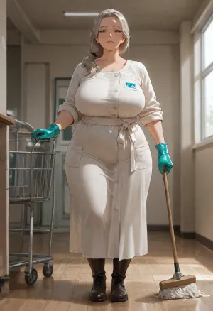 masterpiece, best quality, absurdres, newest, highres, very aesthetic, 1girl, solo, mature female, adult, milf, 54 year old woman, gray hair, hair tied back, tired face, wrinkles, brown eyes, plump, chubby, wide hips, large breasts, sturdy build, blue cleaning smock, work coat, rubber gloves, rubber boots, no makeup, standing, full body, straight-on, front view, looking at viewer, holding mop, cleaning cart, school gymnasium, Saturday, indoor lighting, detailed face, detailed clothes, intricate details