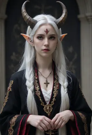 tiefling female, (marble skin), bard, white hair, full body view, dark bard clothing, small horns, Wh13, Pr13st3ss, woman, robe, symbols, crown, necklace, girl, <lora:pale_demon:2>, <lora:White_Priestess:.8>, <lora:girl-000004:2>