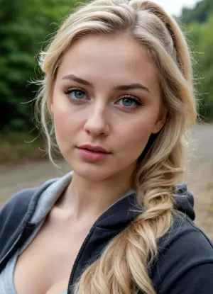 20 years old, curvy blond, soft lips, mesmerizing eyes, flirting with you, dynamic angle, hoody, nature, wavy ponytail, big boobs, close-up cleavage