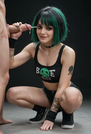 (emo babe:1.3), black-green hair, perfect hourglass body, smalld breasts, dark makeup with thick eyeliner, dark hair in emo style, in raunchy emo outfit, black background, green eyes, (smiling, closed mouth), ((squatting in front of man)), ((handjob)), (ejaculation, cum on body:1.6), full body view, green-black top