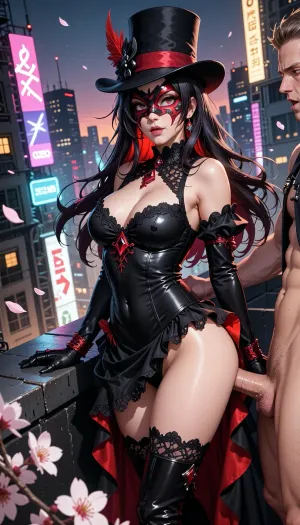 an anime-style masterpiece, one woman, one man, a full-length portrait of a woman in a black and red full-length mask, an elegant image of a 40-year-old Gothic woman, large expressive eyes with clear regular pupils, a pointed chin, loose long raven-colored hair with scarlet strands, a tall black top hat with red feathers, a black lace bustier dress with red diamonds, pulled up to the waist, high-heeled boots, stands on the roof of a cyberpunk city illuminated by neon lights at dusk, tilted forward, leaning on the parapet at the edge of the roof, she is leaning on the parapet with her chest, a man is standing behind her, the body is partially visible, naked, with an excited penis, fucks her hard and deeply in the anus, anal sex, glowing billboards, sakura petals fluttering in the wind, spectacular angle, shaded look, bold lines, bright red and black color palette, detailed folds clothing, bright highlights, atmospheric particles, studio-quality anime, highly detailed background, 2D digital art, sakuga style, emotional and mesmerizing look.