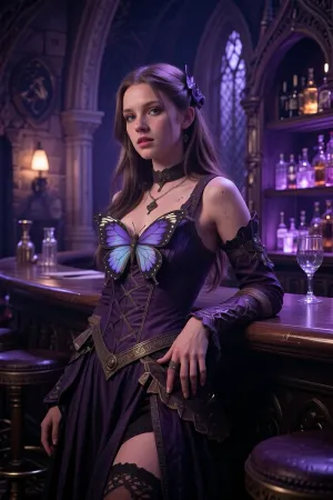 Fantasy setting, cgi Render with imperfections deepest saturated dark purple colors Style, (maximum quality:1.5), (high resolution:1.5), (masterpiece:1.8), (film grain:1.8), ((photorealistic)), Hogwarts bar in Hogwarts castle, Ultra low-key cinematic photorealism, ultra low-key cinematic, (ultra high resolution:1.5), (photorealistic:1.7), (cinematic realism:1.6), premium full-frame photographic look, 35 mm prime lens, shallow depth of field, 21 year old adult butterfly girl