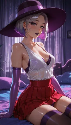 (markgavatino style:.5), (Melkor mancin style:.5), 20 year old, small petite athletic fit FIlipina wife, (sitting on bed in purple neon-color bed room), secretary costume, large cute hat, flirty sultry slut, high quality face details, dark lipstick, eyeliner, big cute gray eyes, (((hypersaturated bright))), (lustrous short hair with blue highlights), (adorable dress), medium firm hard breasts under fancy white dress, purple satin bra, (full large red skirt:1.2), pleated, long stockings, side view, <lora:EnvyBeautyXL04:.7>, oozing dripping panties, moist wet, (((she has a small futa penis bulge under her panties))), long gloves