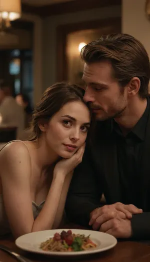 A young woman with shoulder-length messy brown hair, big hazel eyes, and a slender build as observed from Picture 1, sits at a restaurant table across from a man. Her face is flushed, her expression a mix of playful affection and newfound vulnerability, her lips parted after a shared kiss. A man in his 30s with short pink-dyed hair, a groomed beard, and a broad-shouldered, athletic build as observed from Picture 2, leans toward her. His hand rests on hers, his gaze fixed intently on her face. Both are fully clothed, dressed in elegant dinner attire.

She leans forward, her forehead resting gently against his, her fingertips grazing his jawline and cheekbone in a tender, intimate gesture that centers the moment of their connection. The atmosphere is charged with their quiet, private dialogue, the rest of the restaurant blurred and fading into the background as they focus entirely on each other. Her posture is relaxed yet attentive, her hand still lacing with his as she pauses mid-sentence, a playful grin touching her lips.

The setting is a dimly lit, intimate restaurant environment with a single flickering candle on the table, casting warm, soft highlights on their skin and faces. The background is composed of soft-focus ambient light and the faint, indistinct shapes of other diners, creating a shallow depth of field that emphasizes the two characters. The lighting is warm and amber-toned, enhancing the romantic and slightly provocative mood of their private interaction. Realistic style, cinematic composition, medium close-up shot capturing their facial expressions and the intimate connection of their hands, 4K resolution, high-quality digital photography.