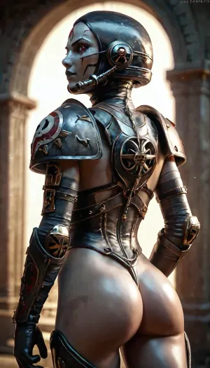 A close-up portrait from behind an unclothed female character possessed by chaos energies during sexual intercourse with an Imperial Space Marine wearing his power armor inside an ancient temple on an alien planet, precisely centered, geometrically correct, high detailed skin, detailed face, eyes in sharp focus, wrinkled, Fujifilm XT3, dslr, 50mm, 20MP, natural lighting, indirect light, shallow depth of field, intricate details, ultra realistic texture, 8k UHD