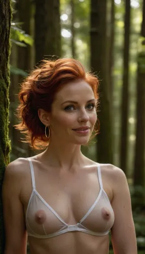 A portrait of a Caucasian woman forty years old, with red hair styled in a half-updo, positioned slightly to the right of center in a lush, green forest. She is wearing a sexy white see thru mesh g-string. you can see her her cunt and nipples, Her expression is lustfull and engaged, looking toward the right with a slight smile. she will get a hard titfuck soon, She has a slim build and is leaning slightly forward as if observing something on a forest trail, you can see her deep cleavage, she has large big natural hanging tits. She wears simple hoop earrings and a thin, multi-colored beaded bracelet on her wrist. The lighting is soft and golden, likely from late afternoon sunlight filtering through the dense canopy of trees, creating a warm glow on her hair and skin and highlighting the textured green foliage and moss-covered rocks in the background. The atmosphere is peaceful, adventurous, and natural, with a shallow depth of field that keeps the focus sharp on the woman while softly blurring the woodland environment. she ist full seen, picture is taken from 2 metres away, full body view