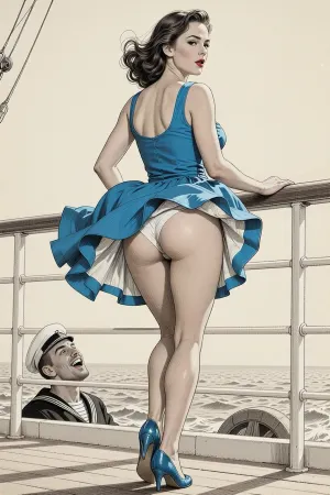 This is is a detailed monochromatic pencil drawing in a classical illustrative style depicts a scene set in 1950s, bright, colorful colors, bright sunshine, a very beautiful noble curvy MILF with elegant hair and wide hips in blue summer sundress And shoes stands on the deck of the ship, leaning her hands on the rail, the wind blows her hair and the hem of the sundress, her white panties are visible, (in the lower left part of the picture, you can see the head of a sailor, who is laughing and looking up her skirt), rear view, The overall mood is intense, rendered in fine, expressive line work and subtle shading, evoking the style of 1950s satirical or moralistic illustrations.