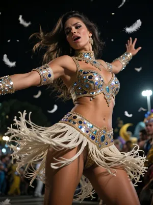 A flawless, exquisitely detailed cinematic photograph of a beautiful Brazilian woman dancing passionately one night at the Rio Carnival. A dynamic shot capturing her energetic movement in an elegant dance pose, with her arms gracefully outstretched to either side. She is wearing a sumptuous, premium-quality carnival costume featuring exquisite hand embroidery, thousands of sparkling sequins and a thick, opaque, multi-layered fringed sash that completely covers her hips and lower body, whilst the fringe flutters dramatically in the air, emphasising the dynamism of her movement. Cinematic lighting with dramatic shadows, natural motion blur in the background and on the fluttering feathers, and sharp focus on her expressive face.