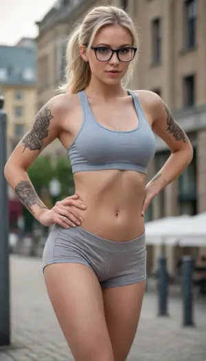 (Sexy Sweet Tempting Woman), Professional sexy seduction modelposes, supermodel, ((During warm-up exercises)), Cityscape, running, perfect lighting, ultra realistic, 8k resolution, ultra detailed, instagram model, professional photography, (luxurious ash blond hair, low ponytail), Blue eyes, Sexy lips, watch, (Sheer sporty crop tank top), (sports shorts), rounded glasses, (Sexy tattoo:1.3), pale skin, natural big round breasts, nordic, flirty, bashful, seductive, lusty, playful, Healthy slim body, Tall, very long legs, hourglass figure, Sweet face, perfect face, lifelike face, real face, very beautiful face, detailed face