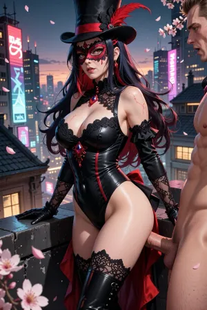 NSFW security rating_source, name, source, hentai, excellent quality, masterpiece, anime-style masterpiece, one woman, one man, full-length portrait of a woman in a black and red lace mask, elegant image of a 40-year-old Gothic woman, loose raven-colored long hair with scarlet strands, tall black top hat with red feathers, a black lace bustier dress with red diamonds, raised to the waist, high-heeled boots, stands on the roof of a cyberpunk city illuminated by neon lights at dusk, leaning forward, leaning on the parapet at the edge of the roof, she is leaning against the parapet with her chest, a man is standing behind her, the body is partially visible, naked, with an excited penis, fucks her hard and deep in the anus, anal sex, glowing billboards, sakura petals fluttering in the wind, spectacular angle, shaded view, bold lines, bright red and black color scheme palette, detailed folds of clothing, bright highlights, atmospheric particles, studio-quality anime, highly detailed background, 2D digital art, sakuga style, emotional and mesmerizing look., anime scene with cinematic composition, wide frame, showing the character in context, emotional lighting appropriate to the character's mood, careful rendering of the material from skin to clothing, mysterious and intriguing atmosphere, 1990s style, retro anime, shading, hand-drawn, screencap, film grain, vintage VHS overlay