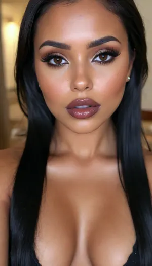 (1woman), 28 years old, ((curvy body)), Close-up girl, latin woman, curvy, ((dark skin)), ((round face)), (((brown skin))), (((full lips))), grey lipstick, closed mouth, small cute nose, standing, face, (((round medium breasts))), (((flat long black hair))), (((oiled skin))), (detailed black eyes), (((slut makeup))), long big thick, (high resolution image), (perfect face), sexy, beauty, (ultra realistic:1.7), (maximum quality:1.5), (high resolution:1.7), (extreme detail:1.5), (ultra realism:1.6), 8k, he, photo was taken by Canon Eos, (maximum detailed skin:1.6), (((I was offended))), melanin, <lora:BUT_SDXL_SHS:.8>, <lora:melanin-XL:2>