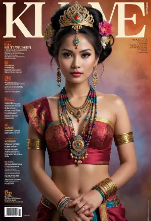 glossy magazine cover style, text headline "KITTYart", A beautiful slender adult Bhutanese woman in traditional decorated clothing and jewelry, elaborate hairstyle, lingerie, aroused skin, colorful smoke, colorful glass, fashion tabloid style, text "ART", frame, graphical design, text, shapes, numbers, barcode, sticker, glamour magazine, sparkling look, realistic pretty women photo, intricate, posing, handsign to viewe