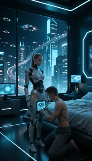 Ultra low-key cinematic sci-fi realism, dramatic underexposure, deep blacks, icy blue and cyan illumination, intense cold futuristic color grading, glossy reflections, luminous monitor glow, subtle volumetric haze, premium full-frame mirrorless look, thirty-five millimeter prime lens, f 1.4, shallow depth of field, crisp foreground detail, strong edge definition, precise textures, subtle analog film grain, masterpiece, maximum quality, high resolution, inside a luxurious futuristic bedroom with huge floor-to-ceiling windows, the vast glass wall reveals a breathtaking futuristic city at night, countless small flying cars move through the air along invisible aerial traffic lanes between towering illuminated skyscrapers, the room is filled with advanced monitors, sleek interface screens, refined futuristic decor, clean metallic materials, illuminated panels and sophisticated high-tech interior design, in the center foreground a man, 28 years old, kneels in front of an artificial woman, 28 years old in appearance, highly attractive, elegant and convincingly human at first glance, yet clearly robotic with visible mechanical joints and subtle screw connections at her shoulders, elbows, hips and knees, an open abdominal access panel on her stomach reveals an illuminated control compartment with a visible interface, buttons, circuits and adjustment elements, the man is focused and carefully making settings inside the open panel, his posture attentive and precise, her body stands upright and calm, the overall mood is cold, futuristic, intimate and technically sophisticated, focus locked on the interaction between the man and the artificial woman while the glowing city and flying traffic remain visible through the giant windows in the background