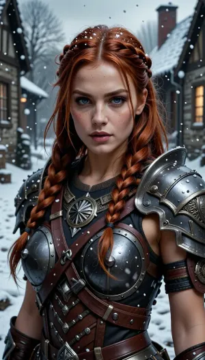 Detailed Portrait of Gothic styled digital painting of a fierce Viking warrior maiden inspired by the unique features of a Sasha Luss and Bella Hadid mix, characterized by a strong ratio of 0.8, standing firmly in the center of a rustic village with the snowy scenery providing a stark contrast, her blue eyes full of determined resolve, fiery red hair glowing under the snowy flurry, uniquely styled with braids on either side of her face and fcNeg