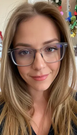 The image shows a close-up portrait of a woman. She has long, straight blonde hair that falls around her shoulders. She is wearing eyeglasses with a clear frame and a slight tint to the lenses. Her makeup appears subtle, enhancing her features.The background includes some decorations, including colorful ornaments or garlands that suggest a festive atmosphere. These decorations might indicate a celebration or event, such as a birthday or holiday gathering.Her expression is neutral, and she appears to be looking directly at the camera. Overall, the image conveys a warm and approachable feeling.