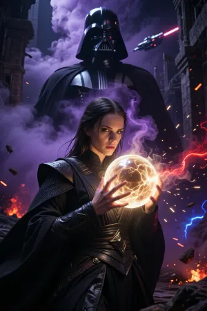 Ultra low-key cinematic photorealistic fantasy masterpiece, extreme high-end film still, overwhelming visual drama, deep purple and black color palette with violent accents of crimson, electric blue and molten amber, monumental female Jedi knight, 28 years old, dominating the foreground and filling much more of the frame, powerful controlled stance, intense determined facial expression, piercing eyes, subtly clenched jaw, expressive brows, highly realistic facial anatomy, visible pores, fine skin texture, individual wet hair strands, dramatic shadow sculpting across her face and body, intricate charcoal-black layered Jedi robes with tactile woven fabric, leather grain, engraved metal fastenings, realistic folds and worn edges, razor-sharp contours and microcontrast, holding an enormous concentrated sphere of golden-white energy with both hands, intensely luminous and visually dominant, the orb functioning as the primary light source, casting hard warm highlights across her fingers, face, clothing and surrounding smoke, illuminating swirling vapor from within, sparks, glowing particles and turbulent energy filaments radiating outward, the environment almost swallowed by darkness, vast surreal ruined architecture disappearing into blackness, dense rolling smoke filling the entire scene, Darth Vader appearing only as a colossal ghostlike apparition inside the smoke behind her, his helmet, mask and shoulders partially materializing from vapor, fragmented by shadow, translucent in places, threatening and supernatural rather than physically standing there, enormous scale, deep atmospheric perspective, distant spacecraft streaking through the darkness, tiny explosions and burning debris providing isolated crimson, orange and blue light sources, shafts of purple volumetric light cutting through smoke, drifting embers, suspended ash, subtle lightning-like energy traces, extreme chiaroscuro, crushing blacks, dramatic silhouette separation, physically plausible illumination, cinematic haze, surreal cosmic atmosphere, premium full-frame realism, shallow depth of field, subtle analogue film grain, extraordinary material definition, epic scale, haunting beauty, aggressive contrast, masterpiece composition, visually overwhelming, dark, mysterious, apocalyptic, elegant and unforgettable