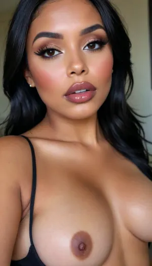 (1woman), 28 years old, ((curvy body)), Close-up girl, latin woman, curvy, ((dark skin)), ((round face)), (((brown skin))), (((full lips))), grey lipstick, closed mouth, small cute nose, standing, face, (((round medium breasts))), (((flat long black hair))), (((oiled skin))), (detailed black eyes), (((slut makeup))), long big thick, (high resolution image), (perfect face), sexy, beauty, (ultra realistic:1.7), (maximum quality:1.5), (high resolution:1.7), (extreme detail:1.5), (ultra realism:1.6), 8k, he, photo was taken by Canon Eos, (maximum detailed skin:1.6), (((I was offended))), melanin, <lora:BUT_SDXL_SHS:.8>, <lora:melanin-XL:2>