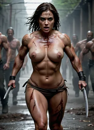 Sewer pipe, half-naked, busty, mature warrior, curvy, lust, bloody scrapes, skin marked by battle scars, sword in hand, torn clothing, dark atmosphere, pursued by ravenous zombies, on the run, running for her life, full-body view, in top shape, muscular, athletic, Selene, <lora:Female_muscle:1.7>, <lora:uberfit_lora_sdxl:1.5>, <lora:Selene_3-000015:1.9>