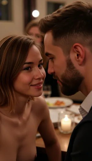 A young woman with shoulder-length messy brown hair, big hazel eyes, and a slender build as observed from Picture 1, sits at a restaurant table across from a man. Her face is flushed, her expression a mix of playful affection and newfound vulnerability, her lips parted after a shared kiss. A man in his 30s with short pink-dyed hair, a groomed beard, and a broad-shouldered, athletic build as observed from Picture 2, leans toward her. His hand rests on hers, his gaze fixed intently on her face. Both are fully clothed, dressed in elegant dinner attire.

She leans forward, her forehead resting gently against his, her fingertips grazing his jawline and cheekbone in a tender, intimate gesture that centers the moment of their connection. The atmosphere is charged with their quiet, private dialogue, the rest of the restaurant blurred and fading into the background as they focus entirely on each other. Her posture is relaxed yet attentive, her hand still lacing with his as she pauses mid-sentence, a playful grin touching her lips.

The setting is a dimly lit, intimate restaurant environment with a single flickering candle on the table, casting warm, soft highlights on their skin and faces. The background is composed of soft-focus ambient light and the faint, indistinct shapes of other diners, creating a shallow depth of field that emphasizes the two characters. The lighting is warm and amber-toned, enhancing the romantic and slightly provocative mood of their private interaction. Realistic style, cinematic composition, medium close-up shot capturing their facial expressions and the intimate connection of their hands, 4K resolution, high-quality digital photography.