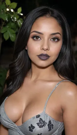 full-portrait detailed foto of a 28 years-old latin girl, (((curvy))), ((latina dark skin)), full tick lips, round lips, round face, (((black straight hairs))), (((grey lipstick))), cute small nose, roundy face, tanned, with a perfect face, detailed face, beautifoul face, cute, (((big eyes))), ((flat-ironed hair)), (leafs wrap dress), led lights at night, <lora:dggy:2>