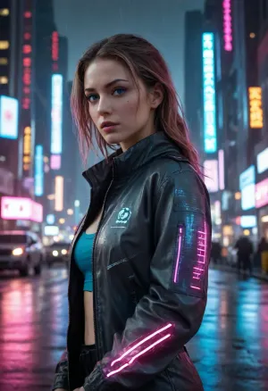 masterpiece, top quality, raw photo, (realistic skin texture:1.2), breathtaking cyberpunk cinematic medium shot, tech-augmented heroine integrated seamlessly into the scene, positioned slightly off-center from the waist up. Vast towering vertical city canyon with infinite depth, colossal dystopian mega-structures pierce dense neon smog at midnight, massive holographic corporate ads floating between skyscrapers, glowing kanji signs flashing, flying vehicle light trails crisscrossing through heavy rain. The heroine wears a detailed matte carbon fiber and nylon tactical jacket with subtle glowing fiber-optic lines, reflecting vibrant pink, cyan, and electric blue city lights. Her face and cybernetic icy-blue eyes in sharp focus. Overwhelming scale, intricate geometry, chaotic beauty of the neon city. Shot on 35mm anamorphic lens, Arri Alexa, cinematic chiaroscuro, high-contrast dark synthwave atmosphere, film grain, volumetric lighting, water droplets, highly detailed, 8k resolution
Используйте код с осторожностью.