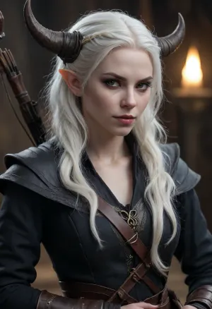 tiefling female, (very pale white skin), bard, white hair, full body view, dark cloths, (hand crossbow)