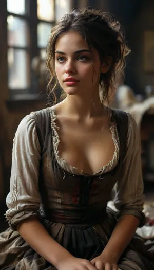 Dramatic style. Low camera. Dark fantasy artwork. Innocent face. Cute face. Charismatic. Unique face. Stacked body. Kneeling. Seductive desire. Blushing. Flushed. Proud. Determined. Girl next door. Tattered clothes. Panting. Oiled up tits. Messy hair. Messy bun. Loose ponytail. Tits stretching out her outfit, tailor, <lora:MJ52:.8>, <lora:bynightPortraits-XL:.8>, <lora:RPGTailorXL:.8>, She’s sat down, looking up at a suitor standing before he, who flinches from her direct gaze