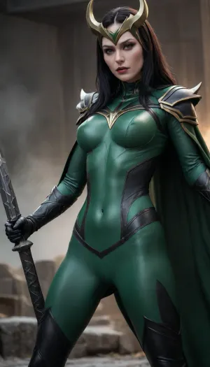 (Beautiful), Digital art style, masterpiece, best quality, high resolution, score_9, score_8_up, score_7_up, score_6_up, 4K ultra-detailed image, HDR, enhancement, professional photography, precise anatomy, (perfect symmetry, 5 fingers per hand), maximum resolution, sharp focus, NSFW, (Marvel' Hela:1.4), (side view:1.4), tight black and green skin suit, (long raven black hair), green swords, green guys, athletic body, big breasts, posing, in Valhalla, Background is Nordic Valhalla, VALHERO, jia, pillory, <lora:Hela-Marvel:1.4>, <lora:Heroes_of_Valhalla_SDXL:1.4>, <lora:jia_SDXL_2_:1.4>