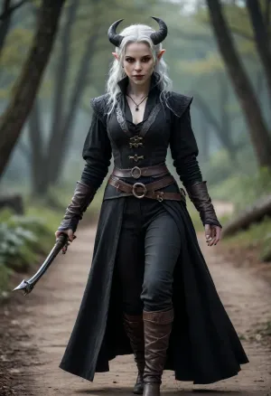 tiefling female, (very pale white skin), bard, white hair, full body view, dark cloths
