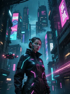 A masterpiece, top-notch quality, ultra-detailed rendering, cinematic lighting, sharp focus, Night City, cyberpunk, a beautiful young woman standing on a city street at night, with a serious and calm expression on her face, her chestnut hair pulled back into a small bun, her bright blue cybernetic eyes shining, a thin, glowing blue line from a neural implant on the side of her head near her ear, she’s wearing a black cyberpunk tactical jacket with a zipper, glowing neon stripes—blue and purple—fog hovers between the buildings, looming, gloomy megastructures, holographic billboards, and neon signs in shades of pink, blue, and purple, a dark, cinematic atmosphere with high contrast
