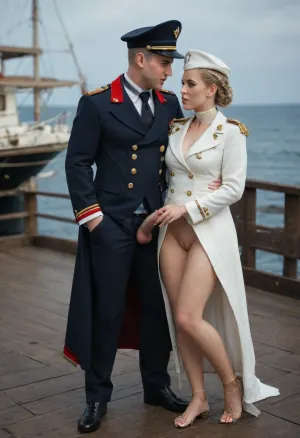 Sexy female nude British admiral in formal naval uniform in 1880 without briefs and trousers, ultra detailed image, showing nude pussy, on the deck of a sailing ship, A formal British naval uniform for an admiral in 1880 typically featured a dark blue double-breasted tailcoat with gold epaulettes on the shoulders, signifying rank. The coat had gold braiding and decorative buttons, with a high collar and a standing, military-style neck. For a woman, the uniform would retain these elements, adapted for a more feminine form. The coat would be tailored to fit the waist and flared at the hips, while a fitted, high-neck blouse would be worn beneath. She would wear gold-trimmed boots and a wide-brimmed naval hat adorned with a gold band. The man is sandy tousle haired of about 20 yo. Wearing a dark suit, he stands close next to the widow and squeezes her bare bum cheeks beneath her lifted dress back.
The widow has her hand squeezing the young mans penis through his trousers.