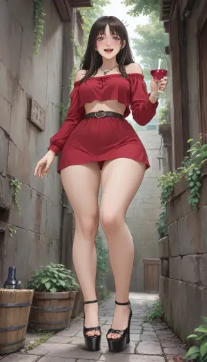 1girl, (low angle view:1.6), solo, black hair, long hair, long sexy legs, purple eyes, (drunk:1.9), wasted, sick, off-shoulder top, dark purple blouse, view underboob, long sleeves, short skirt, brown belt, (platform heels:1.5), necklace, tassel necklace, leaning against wall, hand in pocket, one hand on wall, standing, outdoor, garden, stone floor, green plants, hanging vines, tree, hose, soft sunlight, dappled light, casual outfit, slight smile, serene expression, anime style, detailed background, painterly, semi-realistic, high quality, masterpiece, best quality, (wide hips:1.7), huge breasts, (holding a glass of wine:1.5), wine bottles, shouting, <lora:outline_xl_kohaku_delta_spv5x:1.3>, <lora:NEOTOKIOXL_0.2_RC:.7>, <lora:Ppolar-P3v1-NbVp10:.7>, <lora:cartoon_stickers_xl_v1:.5>