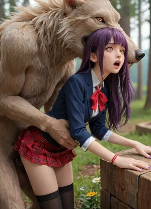 Saya Kagurazaka, GirlFriend BETA series, adult woman, very long purple hair, blunt bangs, red eyes, shocking orgasm face, forced orgasm, mouth opened, kagurazakasaya, opened blue printed jacket blazer, red bowtie, midriff, red plaid skirt, black thighhighs, school uniform, small breasts exposed, red bracelets, purple nail polish, shaved pussy, bent over, arched back, fucked from behind by white werewolf, white fur werewolf, big white penis, big white balls, vaginal penetration, squirt dripping heavily, white werewolf is holding waist, large white claws on waist, white werewolf is tall, size difference, white werewolf is aggressive, fangs, howling, in anime rainbow woods, multicolor sprawling flowers, grass, colorful leafs, detailed background, side view, one, sexy, woman, shocked, <lora:cockshock:.8>, <lora:Kagurazaka-Saya-XL-10:.8>, EdobWerewolf, <lora:EdobWerewolf_XL_v1.0:.8>