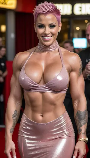 female bodybuilder, short pink spiked hair, smile, large, breasts, big, boobs, huge, tits, dark tanned skin, film premiere, The revealing design was famously made of sheer, see-through sequin fabric held together by crisscrossing straps, functioning more like a draped scarf than a traditional gown pink, <lora:uberfit_lora_sdxl:.8>, <lora:bombshell_v2:.8>, tattoo on arm