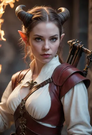 tiefling female, pale white skin, bard, hand crossbow