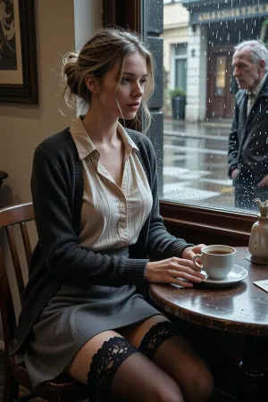 a very busty young female sitting alone at a small table inside a café. She has slightly tousled blonde hair loosely pinned up, a few strands falling around her face. She wears an old worn soft cream blouse beneath a worn dark cardigan, understated and quietly elegant, a grey skirt and lace top stockings.

She sits beside a rain-speckled window, One hand rests around a small porcelain cup of coffee.

Outside the window, a narrow side street glistens after light rain. An old man stares through the window at her