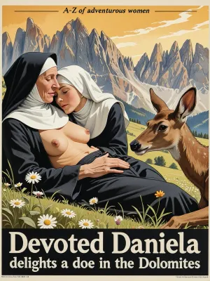 An old nun and a very yyoung nun, embracing, pussy exposed, nuns habit, reclining, her hand extended. A small doe is approaching cautiously, ears perked, nose reaching toward her open palm. Wildflowers. golden sunset, A grassy meadow high in the Dolomites, jagged mountain peaks rising sharply behind her.

In the style of a 1930s travel poster, water colour illustration, strong line work.

Very small text across the top “A-Z of adventurous women”
Text across the bottom “Devoted Daniela delights a doe in the Dolomites”