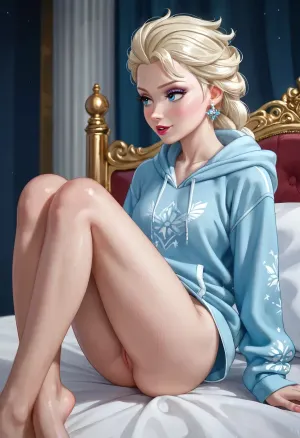 Disney Princess Elsa.

looking away, palace bedroom, beautiful model, sporty body, hourglass figure, incredible legs, oversized hoodie, lifelike colors. No panties