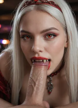 hyper detailed hyper realistic natural petite cutie, 18 years old beautiful vampire queen, (very slim), nightclub, very detailed face, pale woman with white hair, Vampire Queen sucks penis, close up, red eyes, (((very long vampiric fangs))), sharp long redstained canines, luxurious tiara in the style of dark fantasy, symmetrical epic fantasy art, dark fantasy, purple lights, neon, colorful, high detail, impeccable image quality, ultrarealism, cockbiting, bitingshaft, vampirebiting, 1girl, penis, hetero, 1boy, fellatio, oral, solo, focus, pov, fangs