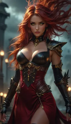 30 year old woman, ((Portrait)), a hyper realistic ultra detailed photograph of a beautiful steampunk woman 30 years old, fantasy steampunk woodland at night, dark and stormy, red hair, red steampunk satin seductress dress, long wild hair, ((strong wind, storm)), perfect mature face, perfect nose, full lips, strictly pose, detailed symmetric beautiful red eyes, detailed gorgeous face, steampunk environment, exquisite detail, medium height, front view, ((c cup breasts)), close up view, 111cine8matic55, masterpiece, 32k, (Masterpiece), high quality, Volumetric Lighting, backlight, sexy, punk style, vaporwave, neon, vibes, vibrant, stunningly beautiful, crisp, hyper realistic, sleek, red highlights, red shadows, shadowislexl, armored, glowing, ghostly, <lora:attractive_notrigger:1.5>, <lora:BUT_SDXL_SHS:1.9>, <lora:Vivid Midjourney mimic - XL SDXL v2.0:1.5>, <lora:add-detail-xl:2>, <lora:shadowislesXL-000007:1.3>