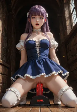 Lawine, Frieren Beyond Journey's End series, first-class ice magic mage, long gray-purple hair, blunt bangs, blue eyes, dark blue and white outfit, mid-thigh-length dark blue dress, deep laced V-neck over a white blouse, ruffles along the hem, long white boots, black lace, shaved pussy, thigh gap, kneeling on sybian, Red light led indicators on sybian, big glowing dildo, vaginal penetration, heavy squirting, squirt leaking on dildo, squirt all over sybian, puddle of squirt on floor, cheerful face, rolling eyes, mouth opened, shuddering orgasm, dangling arms, loud screaming orgasm, dim light, night, low angle, lawine, dark, chiaroscuro, low-key, <lora:lawine_sdxl_v1.0:.8>, <lora:zavy-cntrst-sdxl:.8>