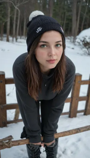 photorealistic high-angle photo of a young woman with long dark brown hair, freckles, green eyes, glossy lips, wearing a black fuzzy beanie with pom-pom and a tight grey long-sleeve bodysuit pulled up to expose her bare ass, bent over in deep snow looking up at the camera with a sensual smile, black boots, wooden fence and snowy bushes in the background, natural winter daylight, sharp focus, detailed face, masterpiece, best quality, ultra realistic, 8k