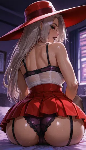 (markgavatino style:.5), (Melkor mancin style:.5), 20 year old, small petite athletic fit FIlipina wife, (sitting on bed in neon-color bed room), secretary costume, large cute hat, flirty sultry slut, high quality face details, dark lipstick, eyeliner, big cute gray eyes, (((hypersaturated bright))), long lustrous hair with highlights, firm hard breasts under white dress with purple lace, (red skirt:1.2), mini skirt, pleated, satin bra, long stockings, side view crossed legs accentuate gleaming ass curves, <lora:EnvyBeautyXL04:.7>, oozing dripping panties, moist wet, back view, (she has a small futa penis bulge under her panties)