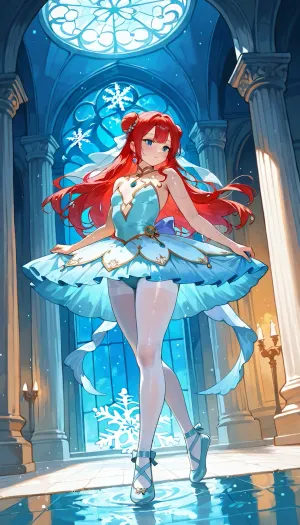 Super clear, highly detailed watercolor painting of a Chunky 23 year old girl, redhead, wavey long hair, small chest, pawg, in a icy blue ballerina tutu, white tights, blue ballerina slipper laced all the up.past her knees The scene is set in a magnificent ice palace with shimmering ice walls, frost-covered chandeliers, and an elegant icy throne in the background. Soft, ethereal light bathes the room, highlighting the beauty of the interaction. Snowflakes gently fall around them, adding to the serene, magical atmosphere. The wet-on-wet watercolor style, with color splash, the color pallet is cool colors, blues, whites soft greena are bright blue, ral-wtrclr, <lora:ral-wtrclr-sdxl:.8>, <lora:Dance_Art:.8>, ballerina, flat, shoes, pantyhose, "COLOR", FOOTWEAR, <lora:Ballerina Flat Shoes-V2-SDXL:.8>