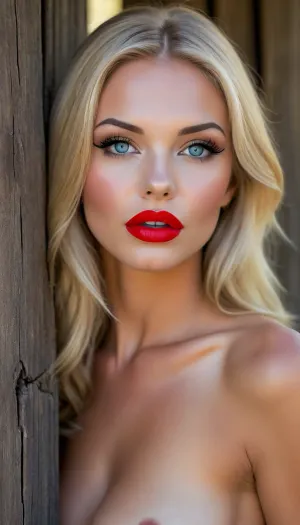 Close-up/Portrait of her face, (extremely detailed:1.5), (high resolution image), (ultra realistic:1.5), (maximum quality:1.5), (high resolution:1.5), (extreme detail:1.5), (ultra realism:1.5), (maximum detailed skin:1.5), (((very pretty face))), nice voluminous blowjob-lips, naughty Expression, soft smile, (focus visible head:1.9), (very long hair), (skinny:1), (((slim sexy body))), (before a broken wooden-wall:1.7), ((naked:1.5)), (((21 years old))), ((perfectly shaped massive large breasts)), ((perfect round ass, muscular legs)), (Natural light blonde hair, pretty updo), ((detailed blue eyes)), ((sexy makeup, intense Red lipstick, heavy Mascara:1.5)), pretty eyelashes, (tanned skin:1.7), <lora:BUT_SDXL_SHS:.8>, <lora:Midjourney Image Enhancer XL v1:.8>