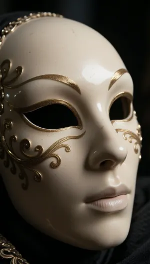 A close-up studio photograph of a majestic Venetian masquerade mask. Venetian carnival aesthetic inspired by classic erotic thriller cinema. Crafted from smooth, aged ivory-white porcelain with a subtle eggshell lacquer finish. The mask features a stylized, sharp nose, hollowed eye sockets revealing deep shadows, and subtle gold-leaf filigree accents along the cheeks and eyebrows. Eerie, mysterious, and elegant design. Soft, high-contrast chiaroscuro lighting, dark velvety background, cinematic mood, 8k resolution, photorealistic texture.
