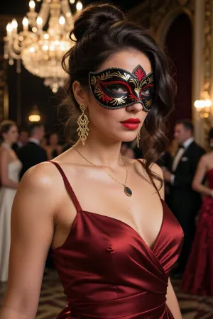 A photorealistic cinematic portrait, medium shot, of a beautiful young woman in a lavish ballroom, her dark, wavy hair is styled into an elaborate updo, her beautiful eyes peering through the slits of her mask, red lipstick, and a mysterious gaze directed at the camera. On her face is a black Venetian half-mask with red-and-gold ornamentation. She wears long, openwork gold earrings and a thin gold chain with a small dark pendant. A deep burgundy-wine-colored satin dress with thin straps and a plunging V-neckline. Dramatic, warm golden lighting from a large chandelier, bokeh, highlights on the skin and fabric, and deep shadows. The backdrop is the luxurious, dark interior of a ballroom with a chandelier, featuring the blurred silhouettes of guests in evening attire. A masterpiece, of the highest quality, highly detailed, photorealistic, with sharp focus on the face and dress—professional fashion photography capturing an atmosphere of mystery, glamour, and a masquerade ball.
