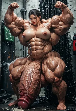 ((giant futanari bodybuilder, muscles bigger than head, growing muscle, dry muscles ，extremely veiny muscles，huge futanari cock, massive penis, hyper enormous penis, (extremely thick hyper cock:1.3), (hyper cock taller than entire body:1.3), vertical penis ，putting her hand into her urethra, small hands, cum, massive perfect round tits, very aesthetic, legs spread wide, barefoot，huge muscular thighs wider than torso，black hair，veiny futanari cock，tanned skin，very dry muscles ， pecs bigger than head，thick veins，low bodyfat，female bodybuilder，in the gym，20 to 25 years old，jerking off，naked))