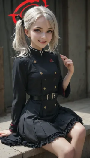 blue archive mutsuki, platinum white hair, side ponytail, black frilled skirt uniform, grin