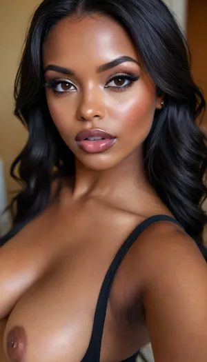 (1woman), 28 years old, ((curvy body)), Close-up girl, latin woman, curvy, ((dark skin)), ((round face)), (((brown skin))), (((full lips))), lavanda lipstick, closed mouth, lipgloss, small cute nose, standing, face, (((round medium breasts))), (((straight long black hair))), (((oiled skin))), (detailed black eyes), (((slut makeup))), .
not looking the camera, nose earring, round earrings, (high resolution image), (perfect face), sexy, beauty, (ultra realistic:1.7), (maximum quality:1.5), (high resolution:1.7), (extreme detail:1.5), (ultra realism:1.6), 8k, he, photo was taken by Canon Eos, (maximum detailed skin:1.6), (((I was offended))), melanin, <lora:BUT_SDXL_SHS:.8>, <lora:melanin-XL:2>
